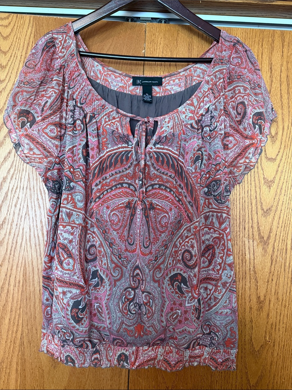 INC International Concepts Coral Pink Paisley Short Sleeve Tie-Front Blouse